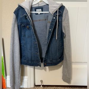 Basic Denim Wax Jean: Jean-sweatshirt jacket with hood and drawstrings